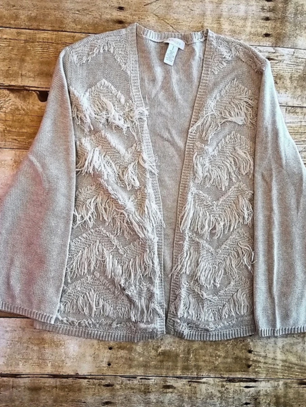 Chico's Size 1 Fringe Front Beige Cardigan